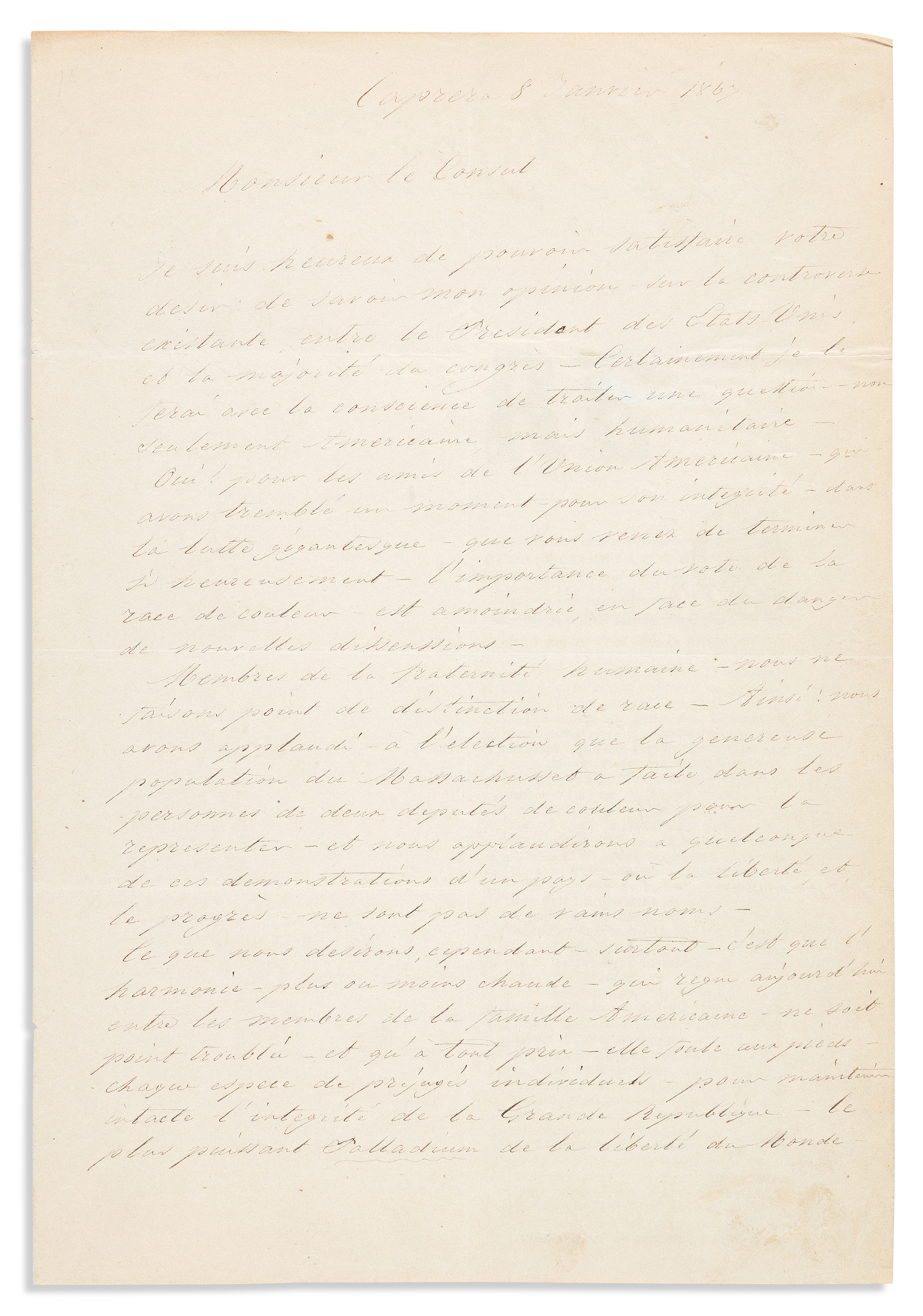 (REVOLUTIONARIES.) GARIBALDI, GIUSEPPE. Autograph Letter Signed, G. Garibaldi, to Dear Mr. Consul, in French,